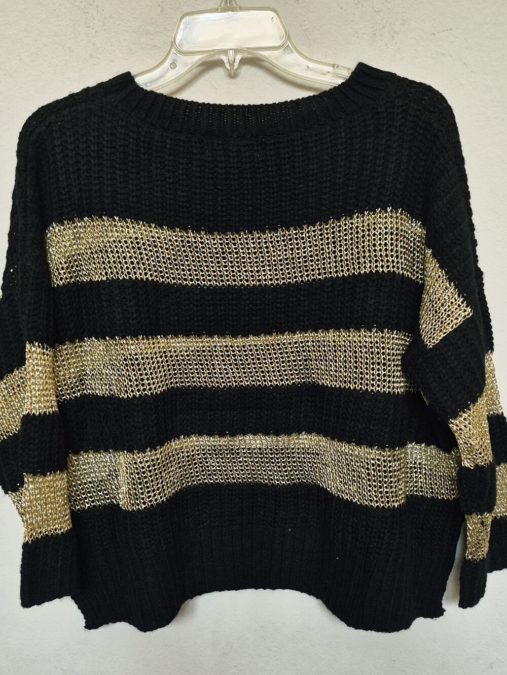 POL Anthropologie Black Pullover/Sweater with Gold Metallic Stripes Size Medium.